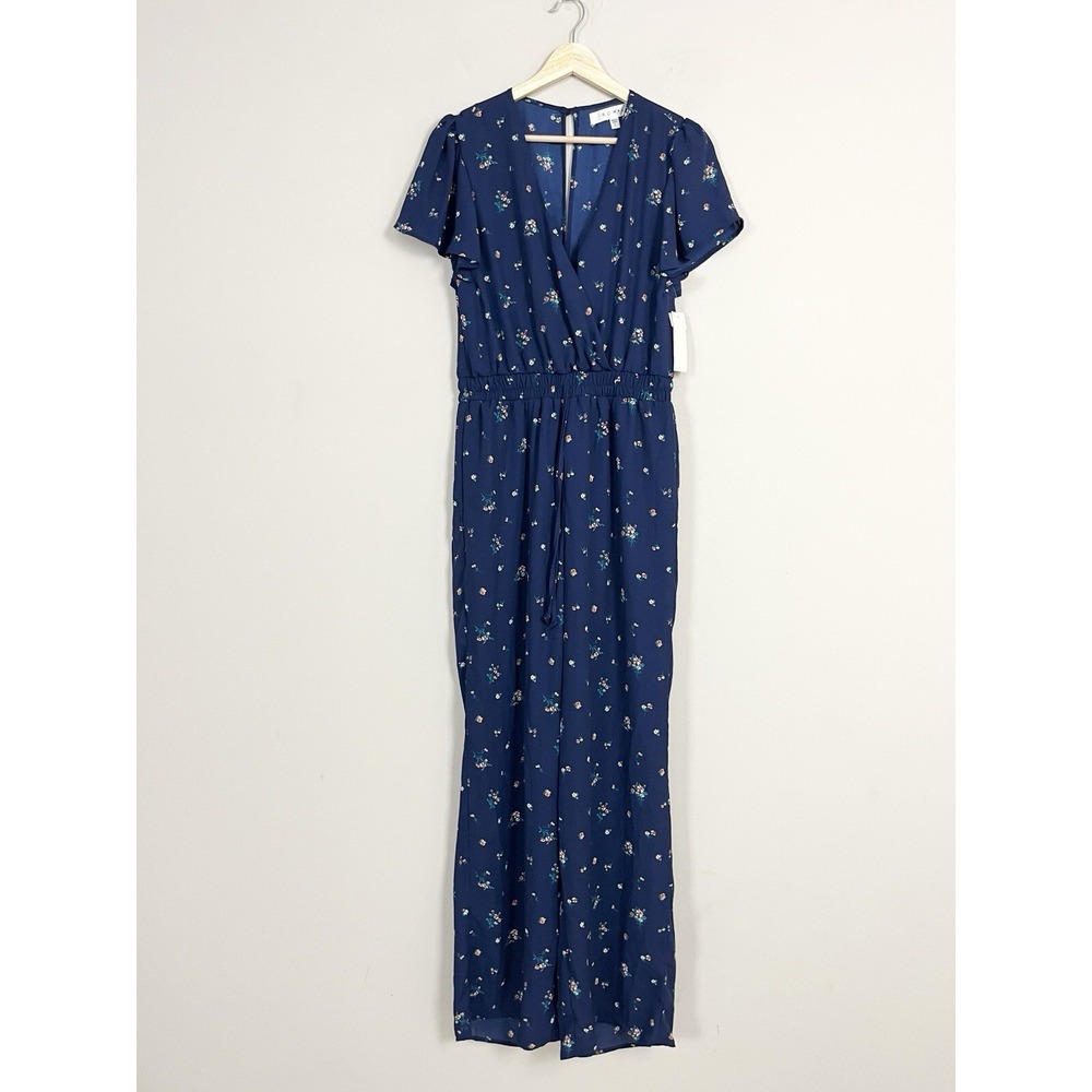 Row A Surplice Floral Jumpsuit Navy Blue Flutter Sleeve Size Large NWT
